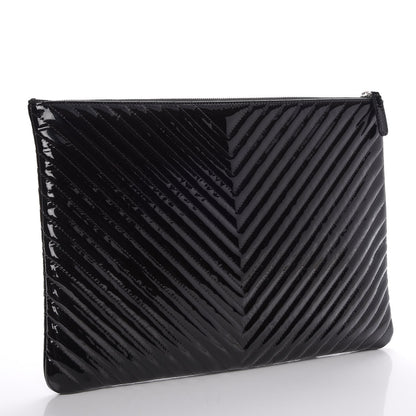 Chanel Patent Chevron Quilted CC Large Zip Clutch Black 3 of 7