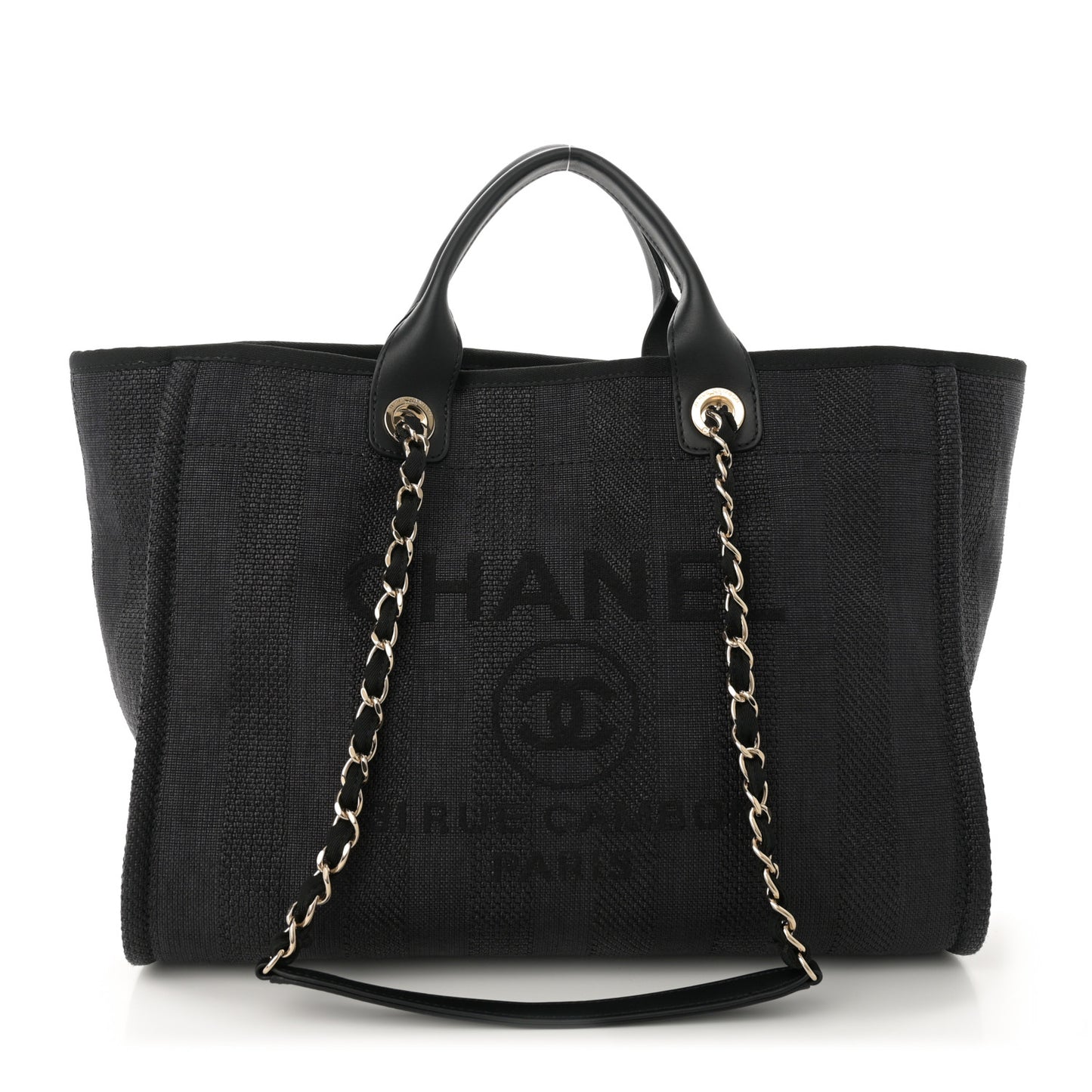 Mixed Fibers Calfskin Striped Medium Deauville Tote Black