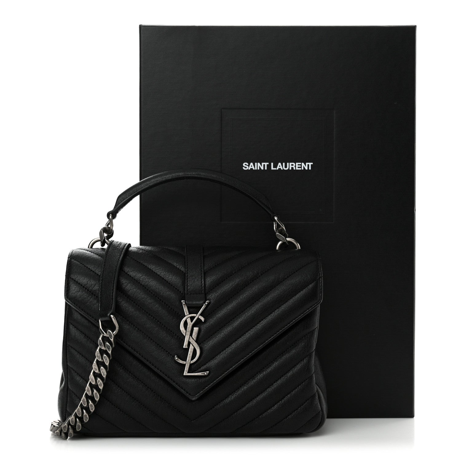 Saint Laurent Sheepskin Matelasse Chevron Monogram Medium College Bag Black 12 of 12