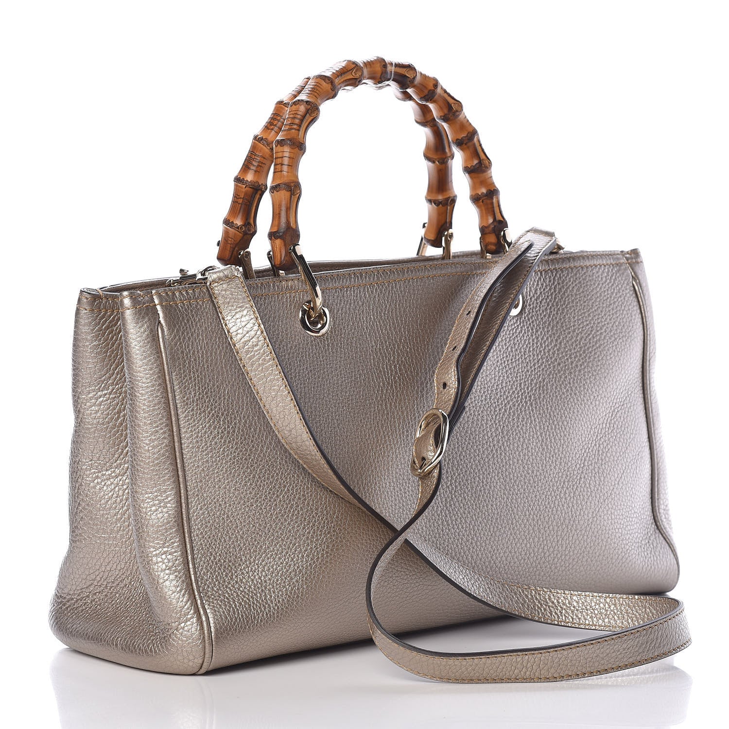 Gucci Metallic Pebbled Calfskin Medium Bamboo Shopper Tote Golden Beige 3 of 10