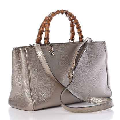 Gucci Metallic Pebbled Calfskin Medium Bamboo Shopper Tote Golden Beige 3 of 10