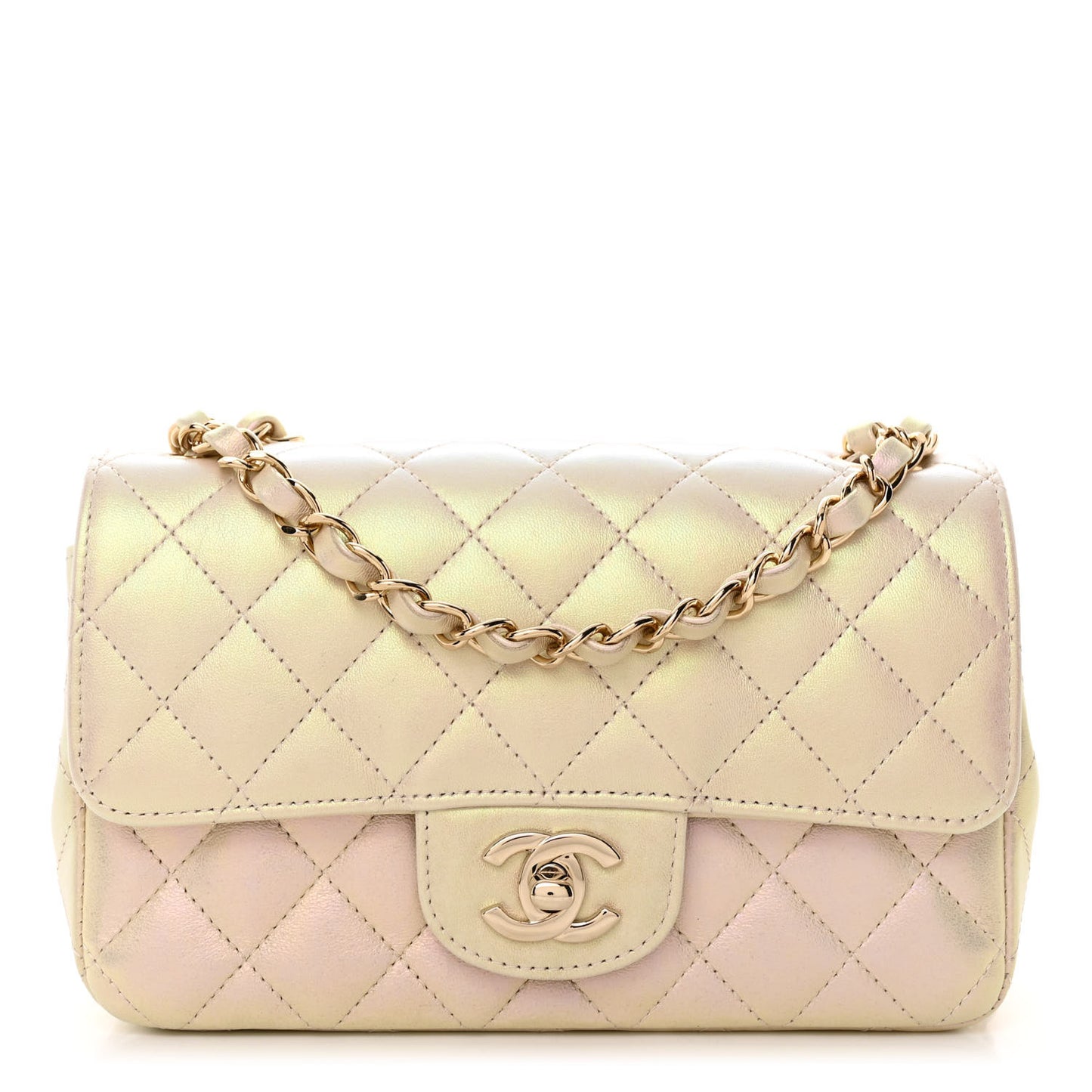 Iridescent Lambskin Quilted Mini Rectangular Flap Ivory