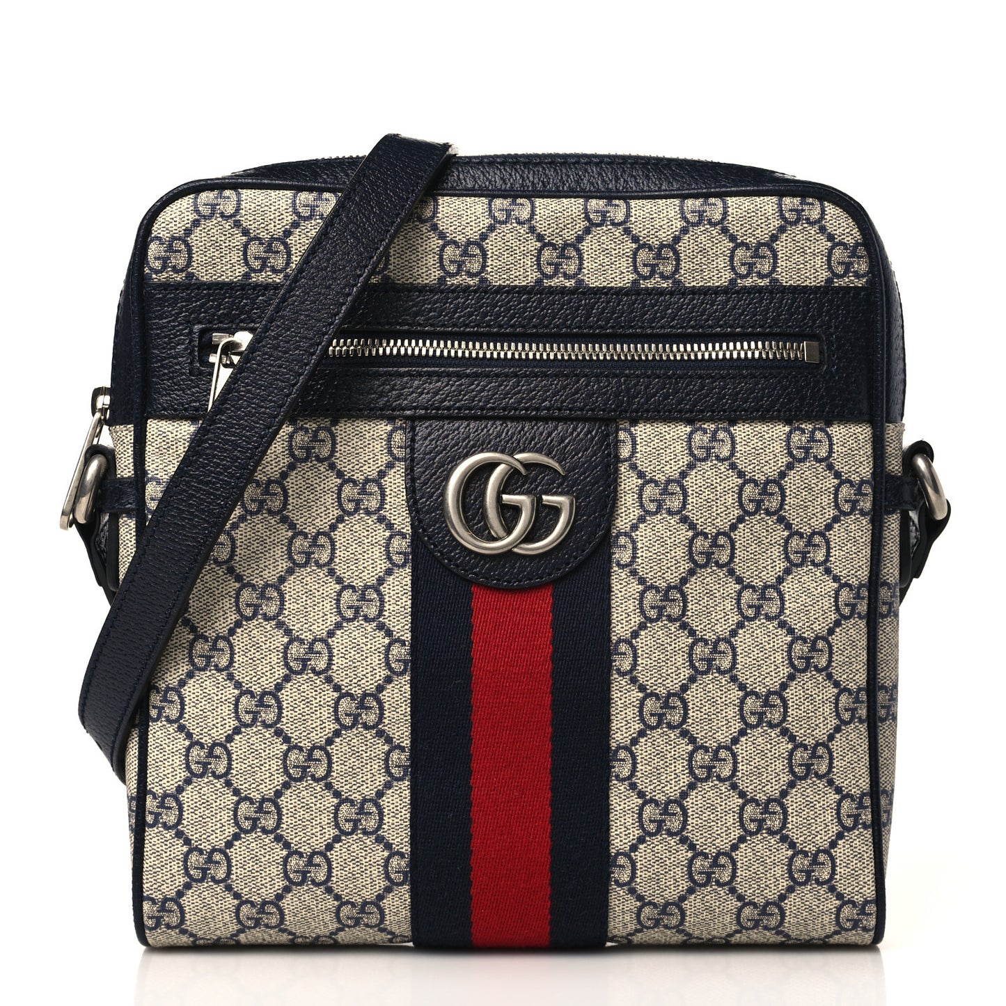 GG Supreme Monogram Textured Dollar Calfskin Web Small Ophidia Messenger Bag Beige Blue