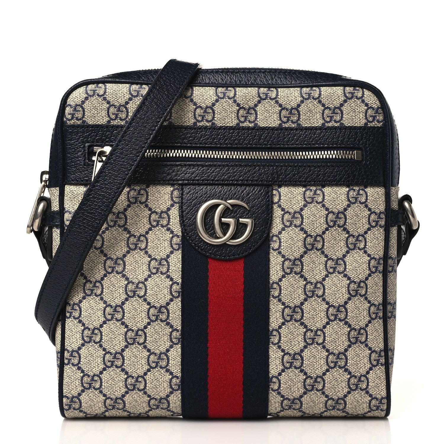 Gucci GG Supreme Monogram Textured Dollar Calfskin Web Small Ophidia Messenger Bag Beige Blue 1 of 9