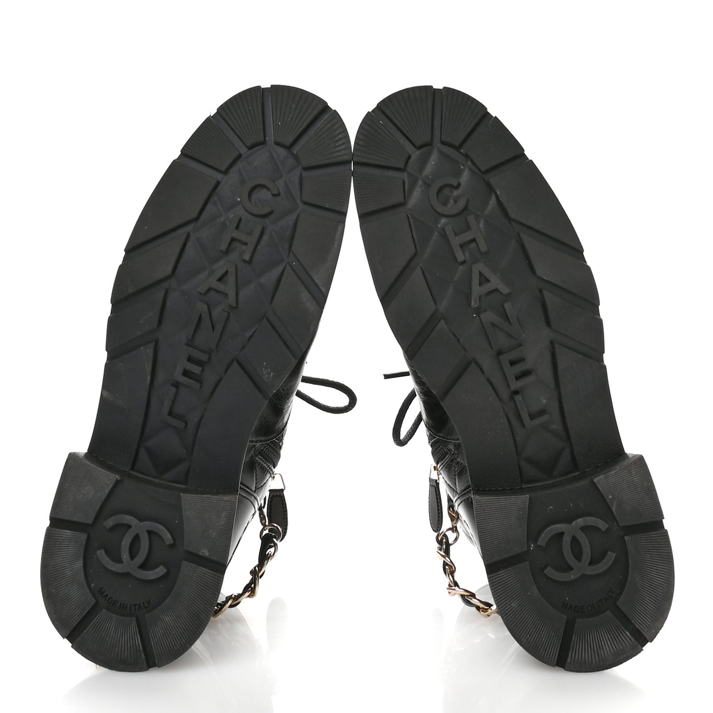 Shiny Calfskin Patent Quilted Chain Lace Up Combat Boots 40 Black