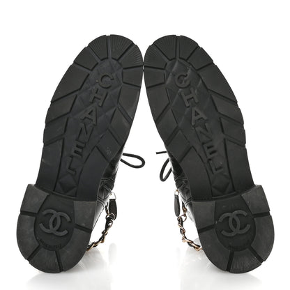 Chanel Shiny Calfskin Patent Quilted Chain Lace Up Combat Boots 40 Black 6 of 10