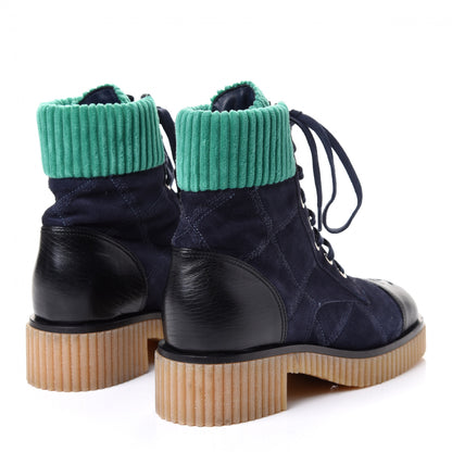 Chanel Suede Calfskin Velvet Quilted CC Combat Boots 38 Navy Green Black 3 of 4