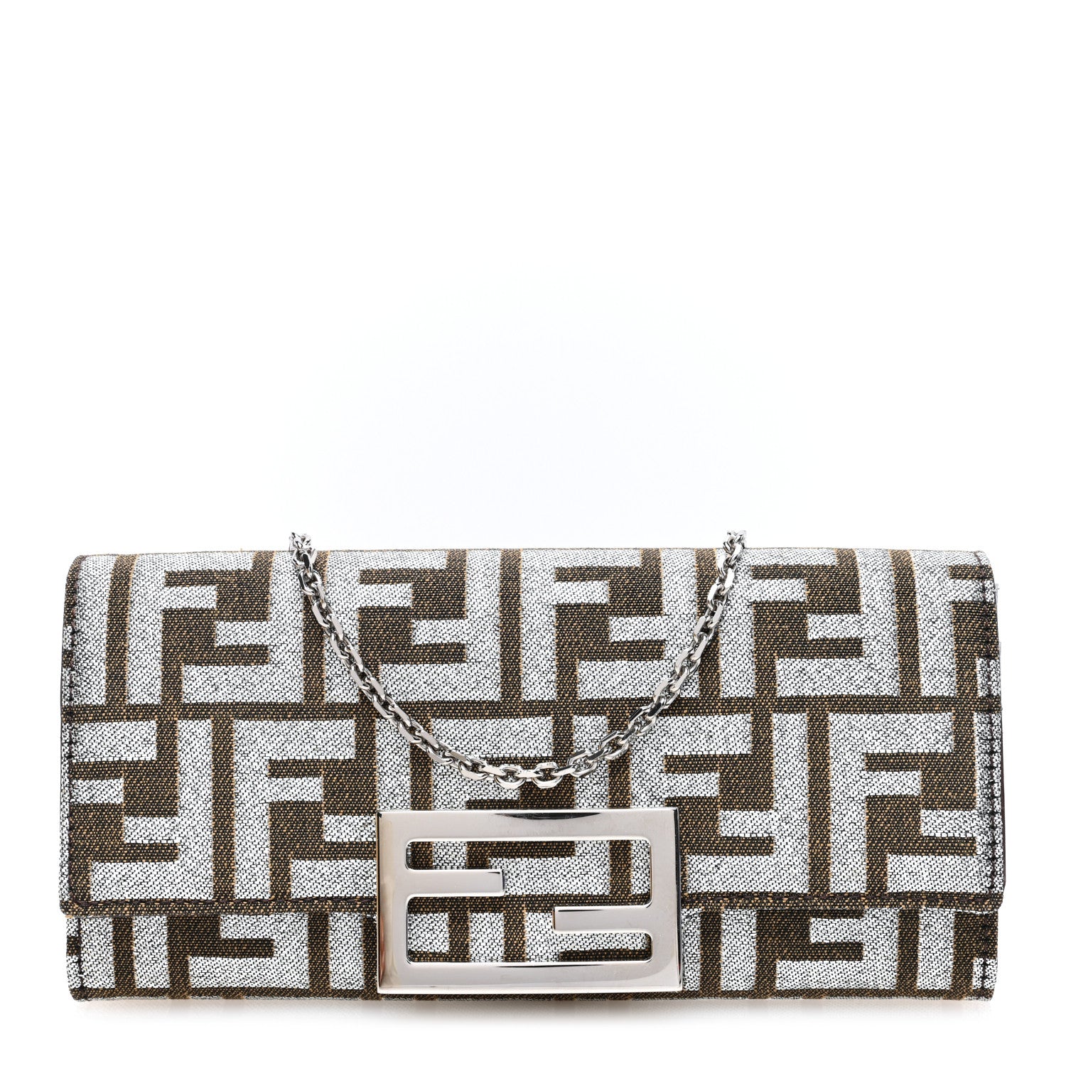 Fendi Fabric Jacquard FF 1974 Continental Wallet On Chain Ebano Argento 1 of 12