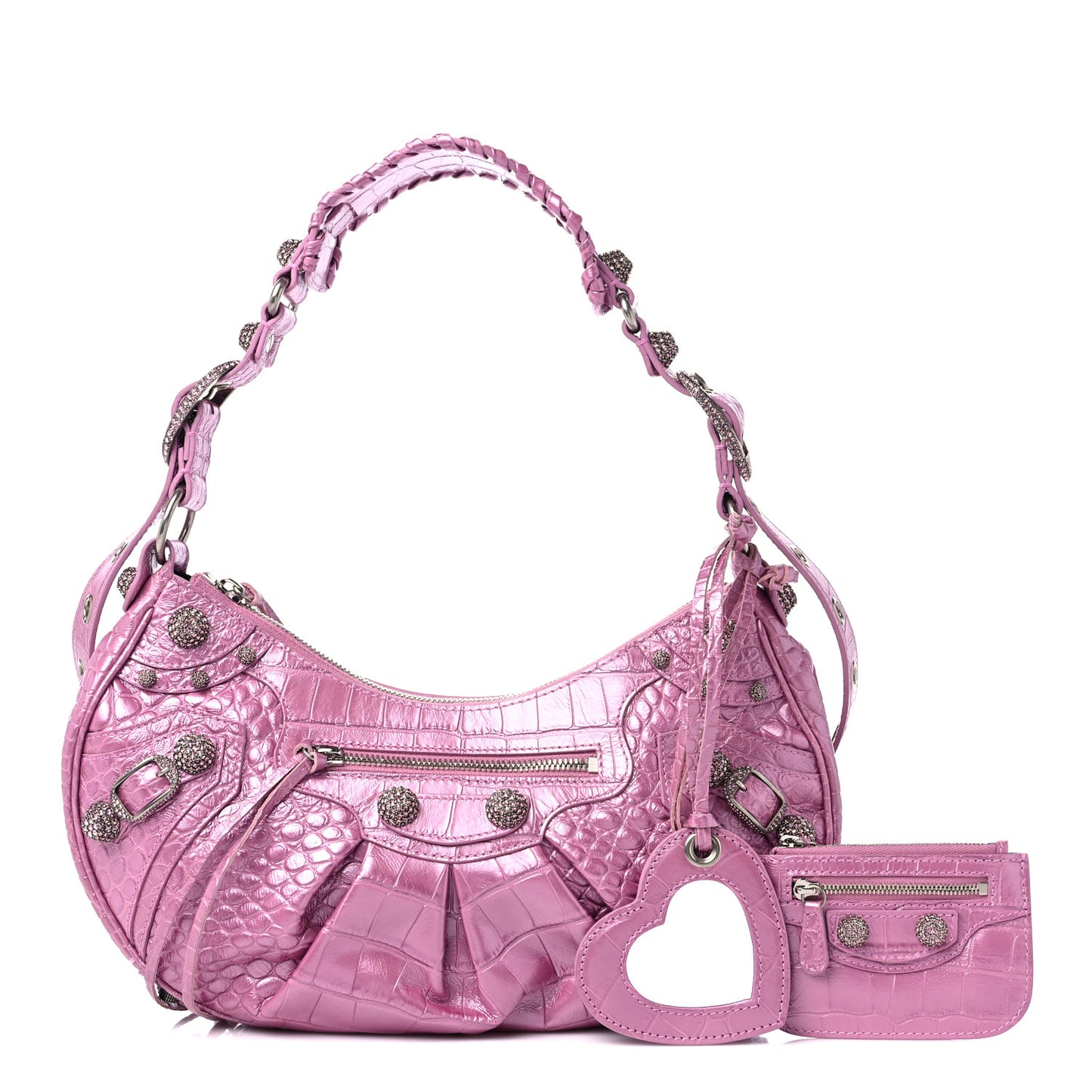 Metallic Extra Supple Calfskin Crystal Crocodile Embossed Small Le Cagole Shoulder Bag Pink
