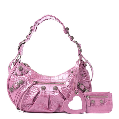 Balenciaga Metallic Extra Supple Calfskin Crystal Crocodile Embossed Small Le Cagole Shoulder Bag Pink 1 of 11