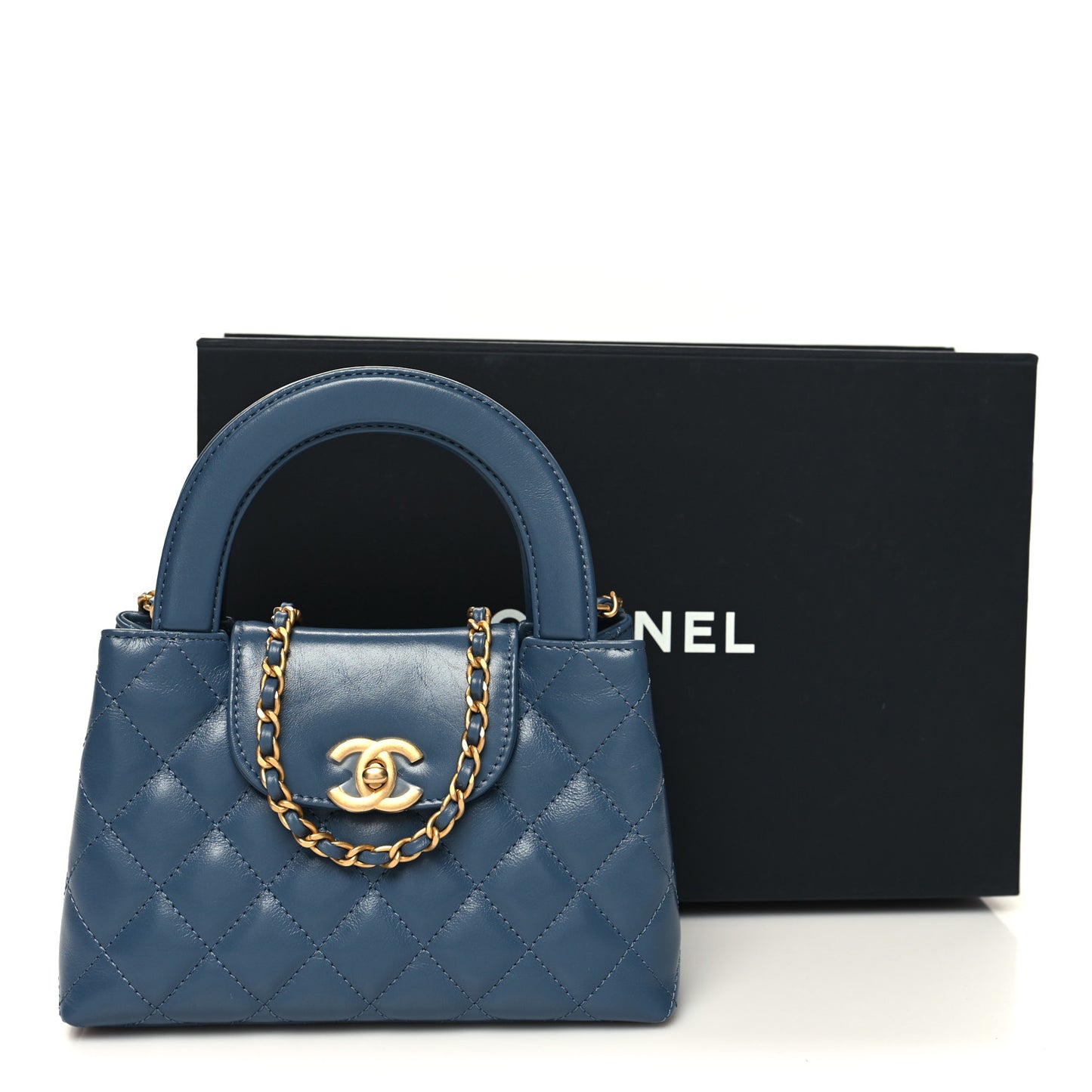 Shiny Aged Calfskin Quilted Nano Kelly Shopper Dark Blue