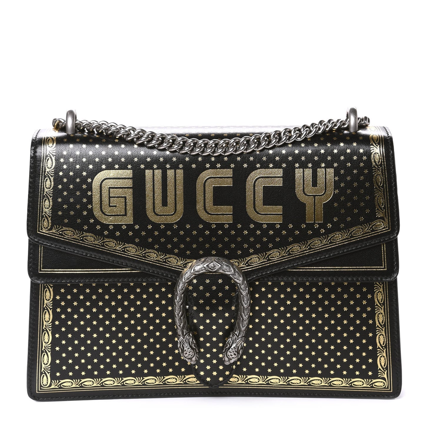 X SEGA Calfskin GUCCY Stars Medium Dionysus Shoulder Bag Black Gold