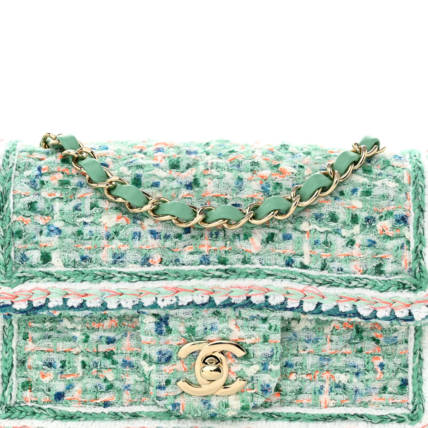 Chanel Tweed Quilted Mini Rectangular Flap Green White Blue Orange 8 of 13