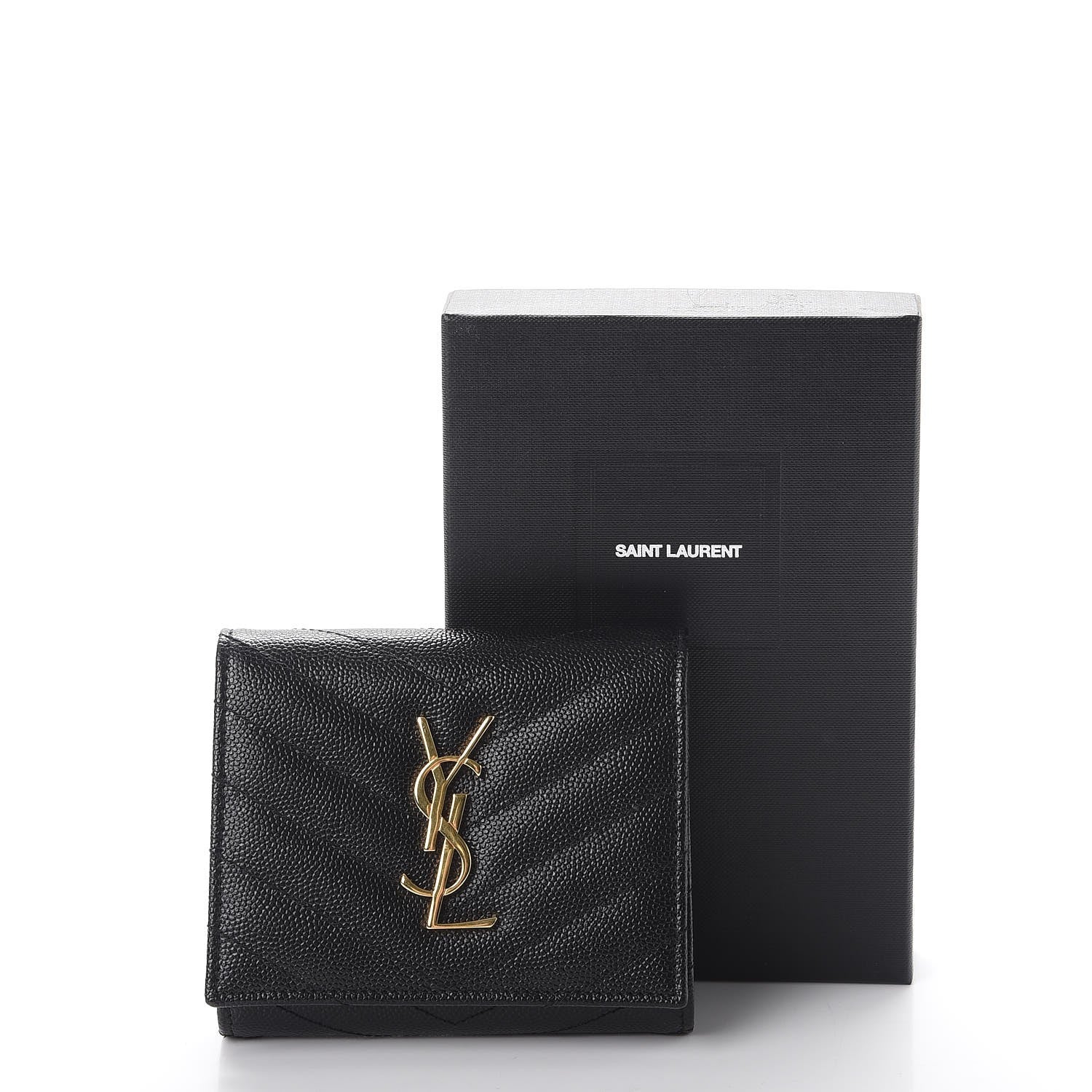 Saint Laurent Grain De Poudre Matelasse Chevron Monogram Compact Wallet Black 8 of 8
