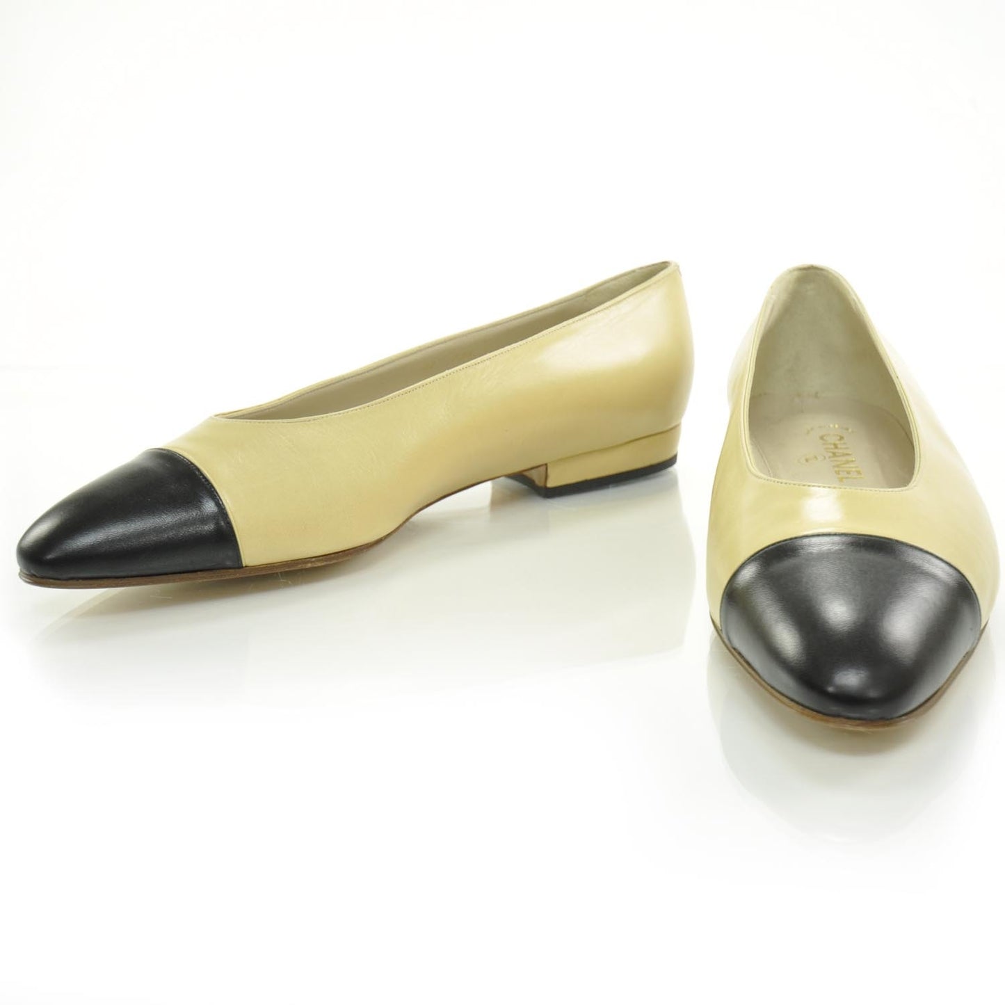 Leather Cap Toe Flats 41 Beige and Black