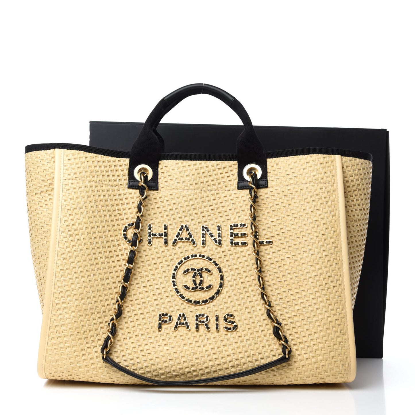 Straw Raffia Calfskin Chain Medium Deauville Tote Beige Black