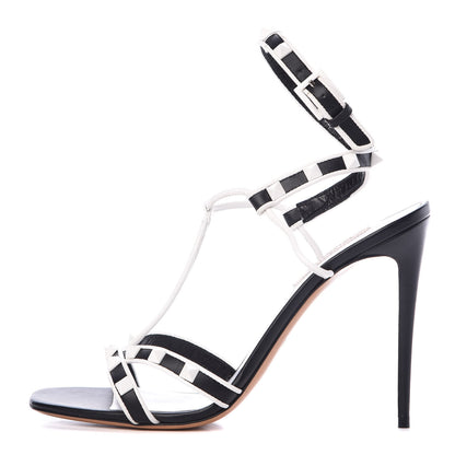Valentino Garavani Calfskin Free Rockstud Ankle T-Strap 105mm Sandals 39 Black Optic White 1 of 7