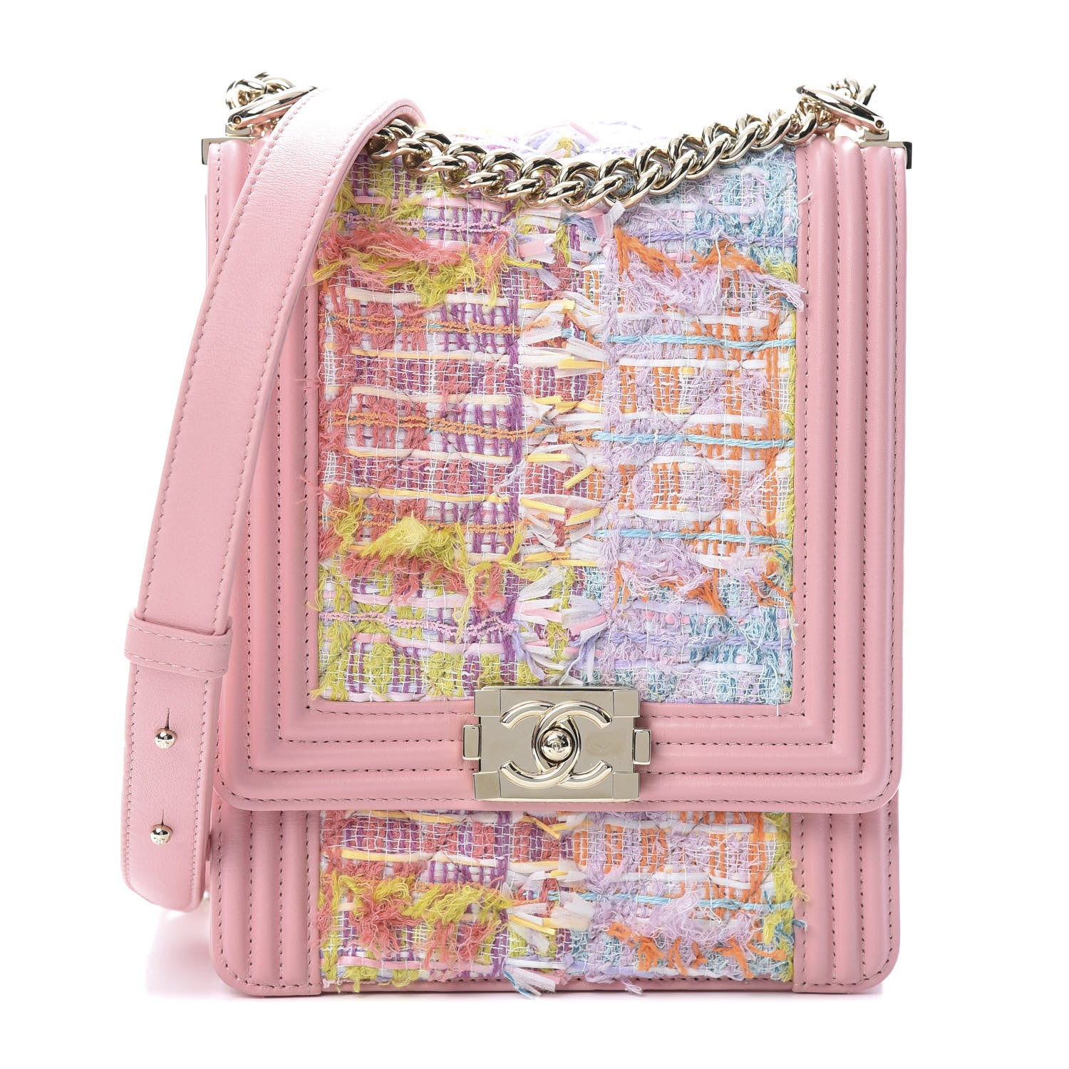 Chanel Calfskin Tweed Quilted North South Boy Flap Pink 1 of 12