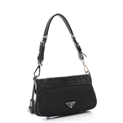 Prada Tessuto Nylon Calfskin Crocodile Embossed Shoulder Bag Black 3 of 12