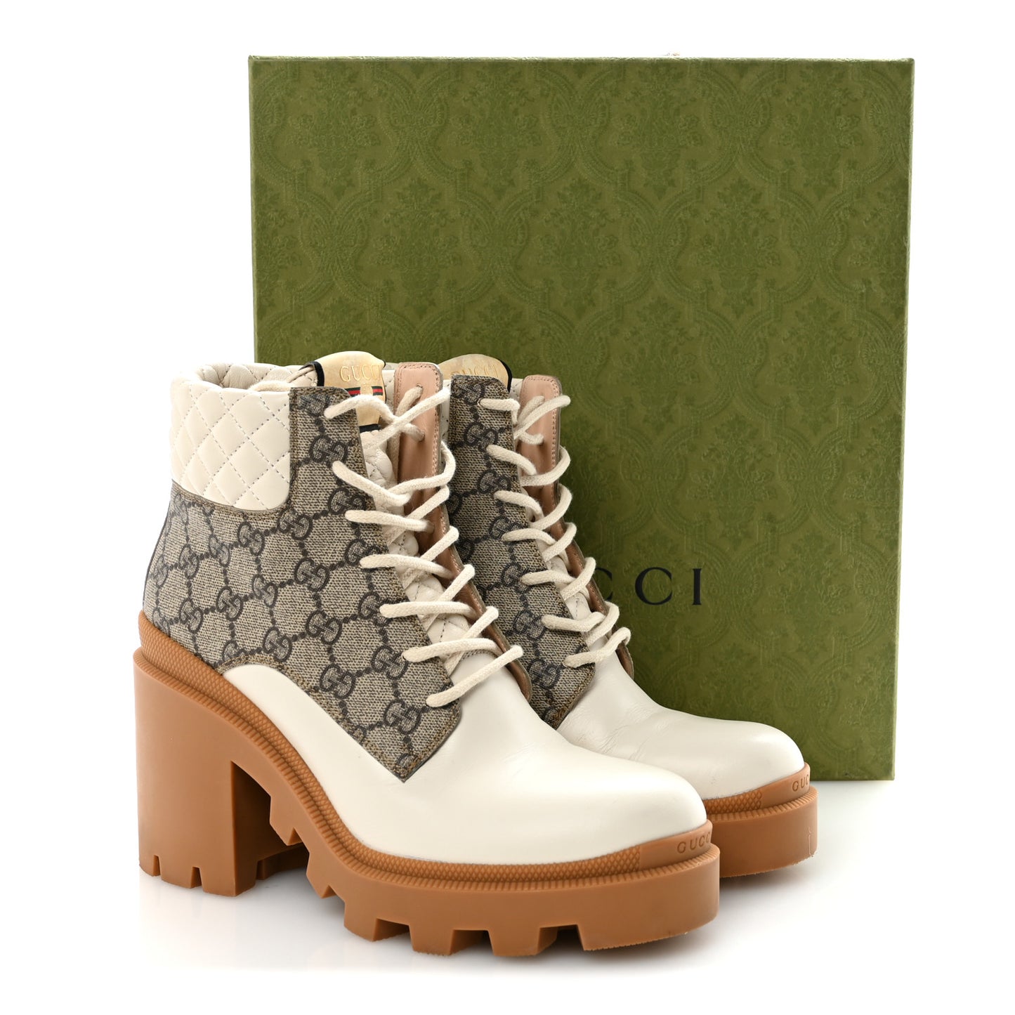 Apollo Calfskin GG Supreme Nappa Samoa Quilted Lace Up Ankle Boots 40 Mystic White Beige Ebony