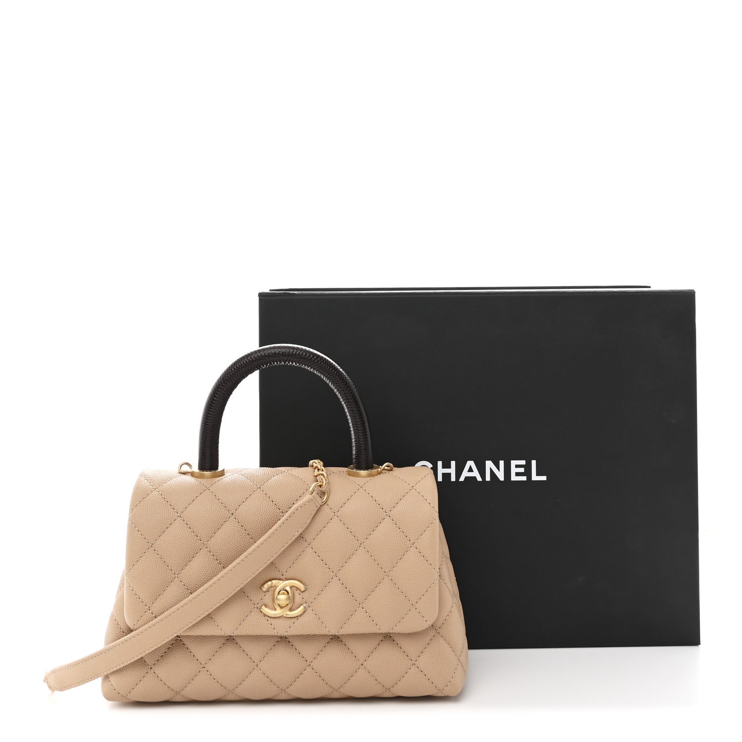 Caviar Lizard Embossed Quilted Mini Coco Handle Flap Beige