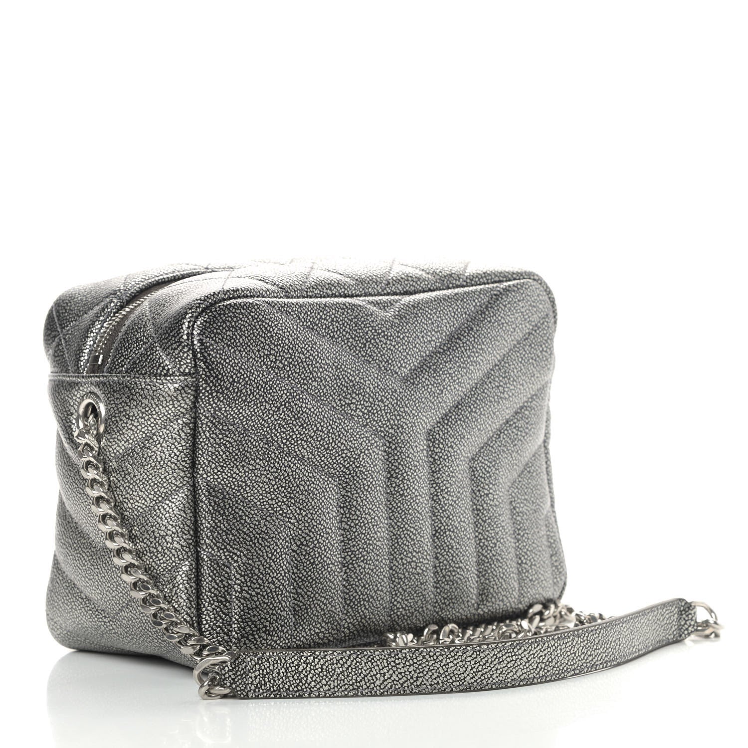 Saint Laurent Metallic Grain De Poudre Y Quilted Monogram Small Loulou Bowling Bag Gun Metal 3 of 9