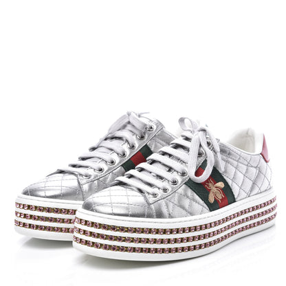 Gucci Laminated Nappa Crystal Web Bee Embroidered Trapuntata Womens Ace Platform Sneakers 36 Argento 2 of 10