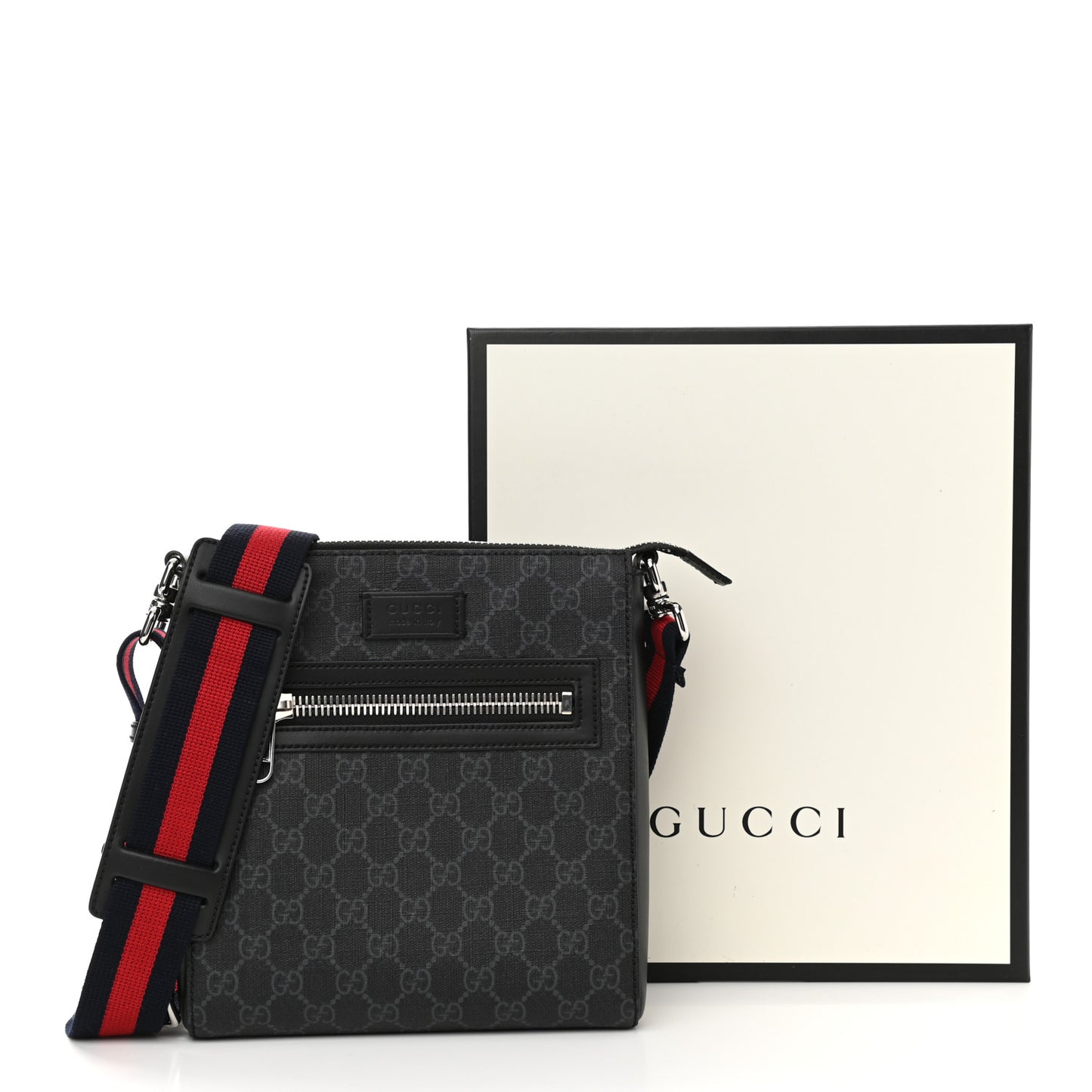 GG Supreme Monogram Web Small Flat Messenger Bag Black Grey