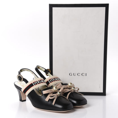 Gucci Malaga Kid Bow Ace Stripe Mid Heel Slingback Pumps 36.5 Black 11 of 11