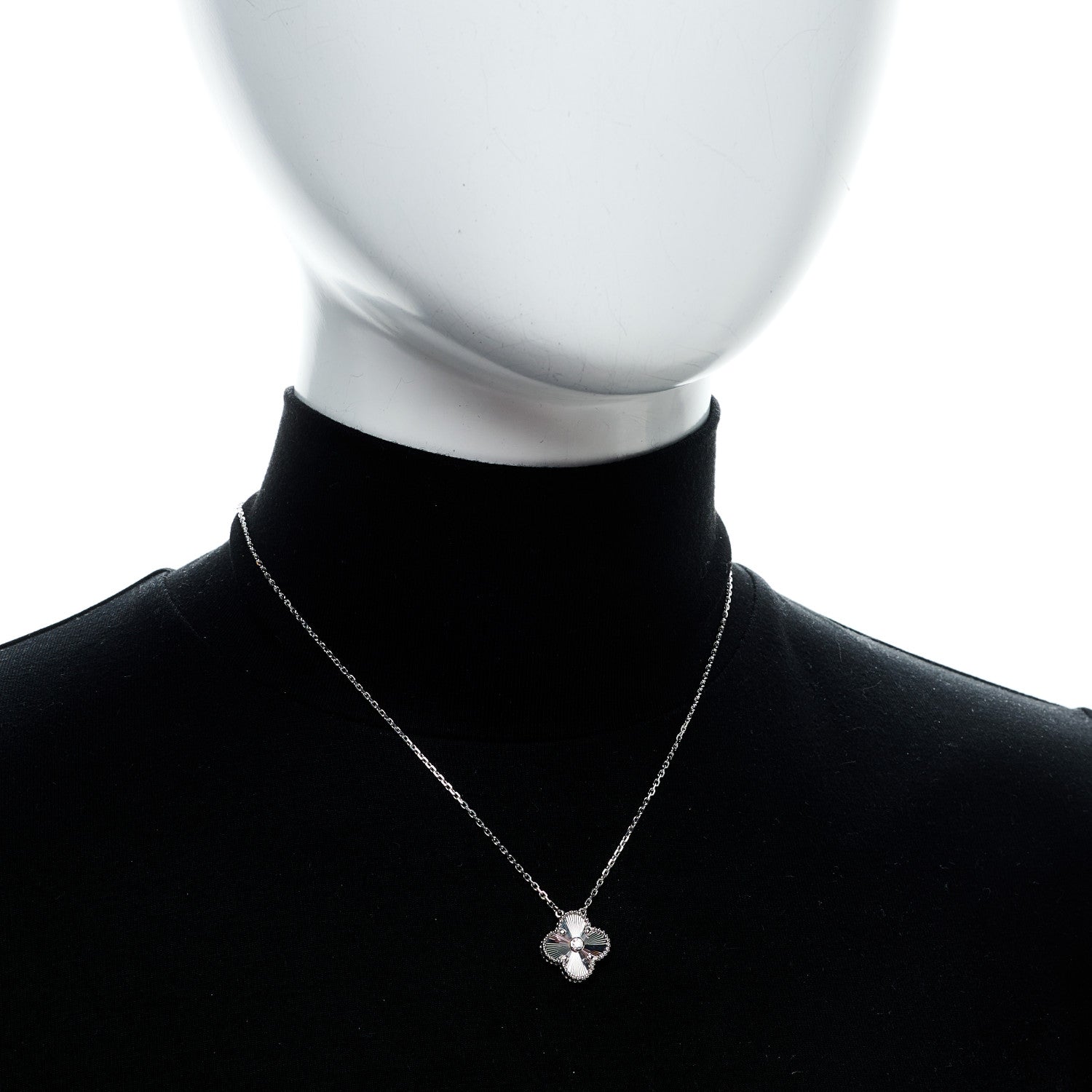 Van Cleef & Arpels 18K White Gold Diamond Guilloche Vintage Alhambra Pendant Necklace 2 of 5