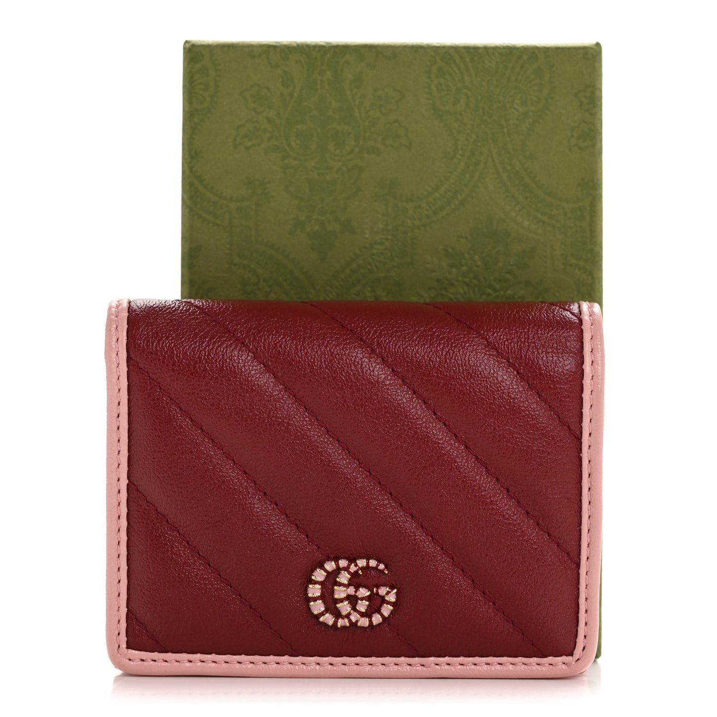 Azalea Calfskin Enamel Matelasse Diagonal Torchon GG Marmont Card Case New Cherry Red Wild Rose