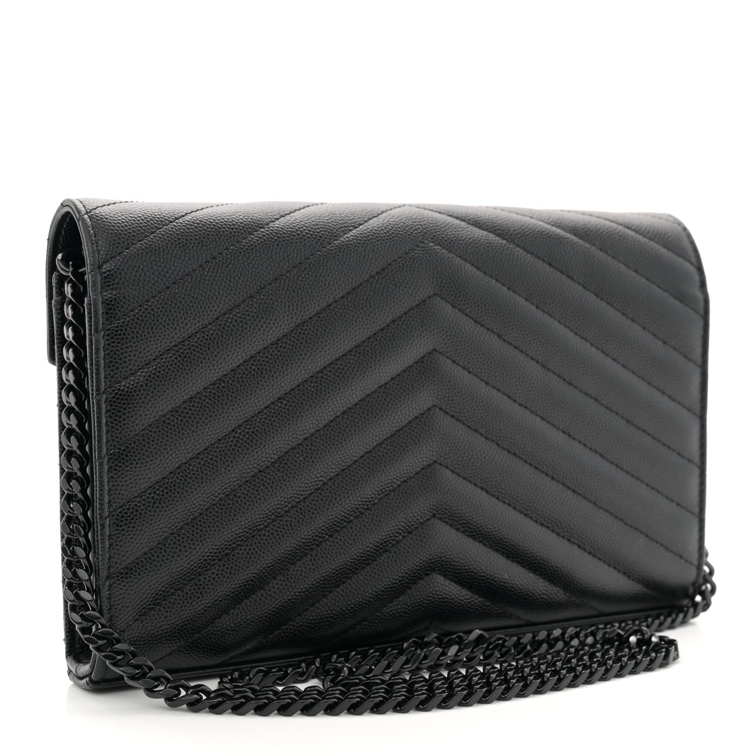 Saint Laurent Grain De Poudre Matelasse Chevron Monogram Monochrome Chain Wallet Black 3 of 11