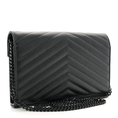 Saint Laurent Grain De Poudre Matelasse Chevron Monogram Monochrome Chain Wallet Black 3 of 11