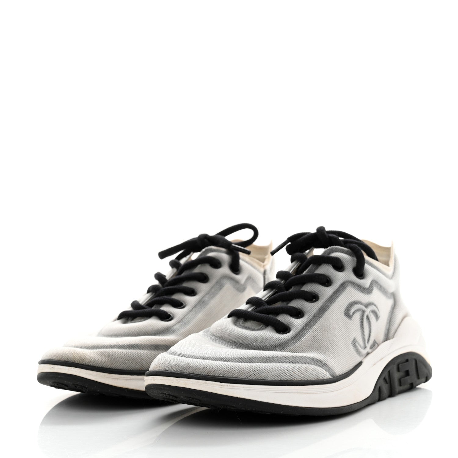 Chanel Calfskin Mesh Lycra Womens Logo Sneakers 39.5 White Grey 3 of 8