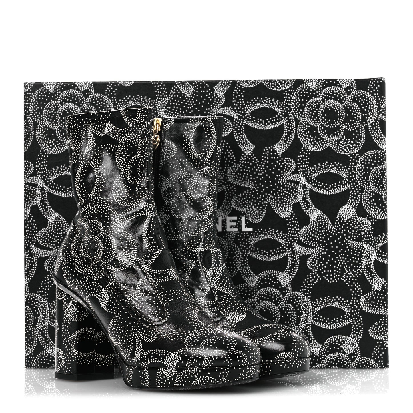 Calfskin Camellia Printed Ankle Boots 38.5 Black White