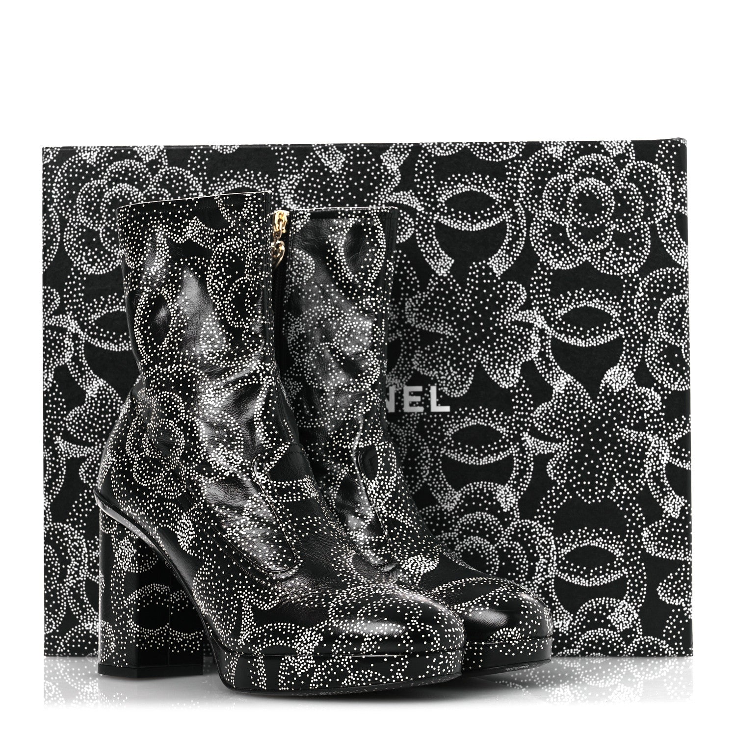 Chanel Calfskin Camellia Printed Ankle Boots 38.5 Black White 11 of 11