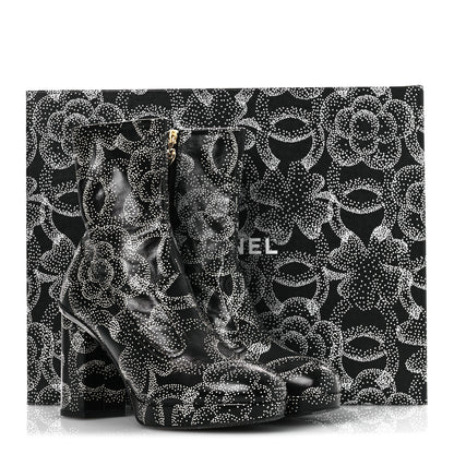 Chanel Calfskin Camellia Printed Ankle Boots 38.5 Black White 11 of 11