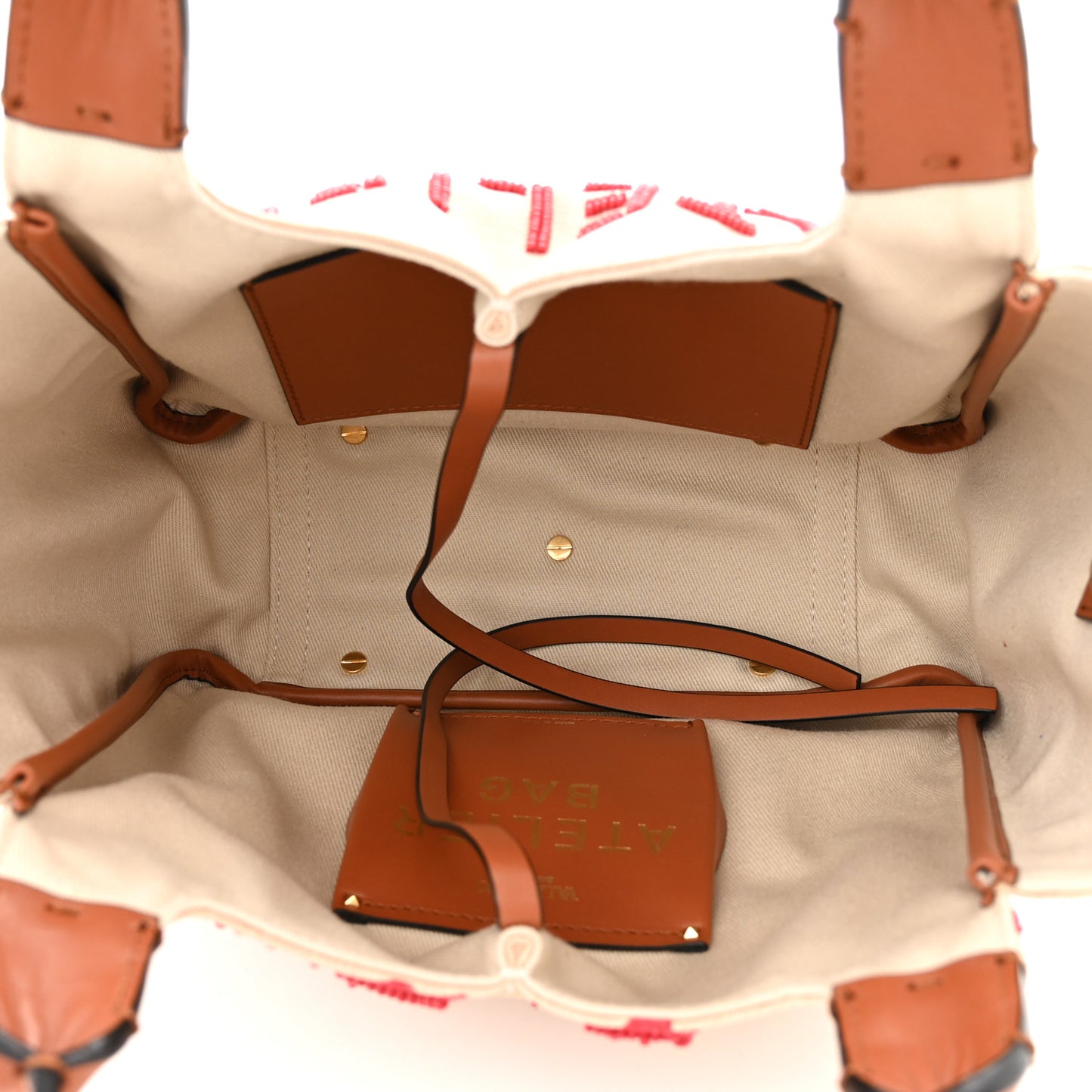 Canvas Beaded Atelier Print Tote Bag Naturale Red