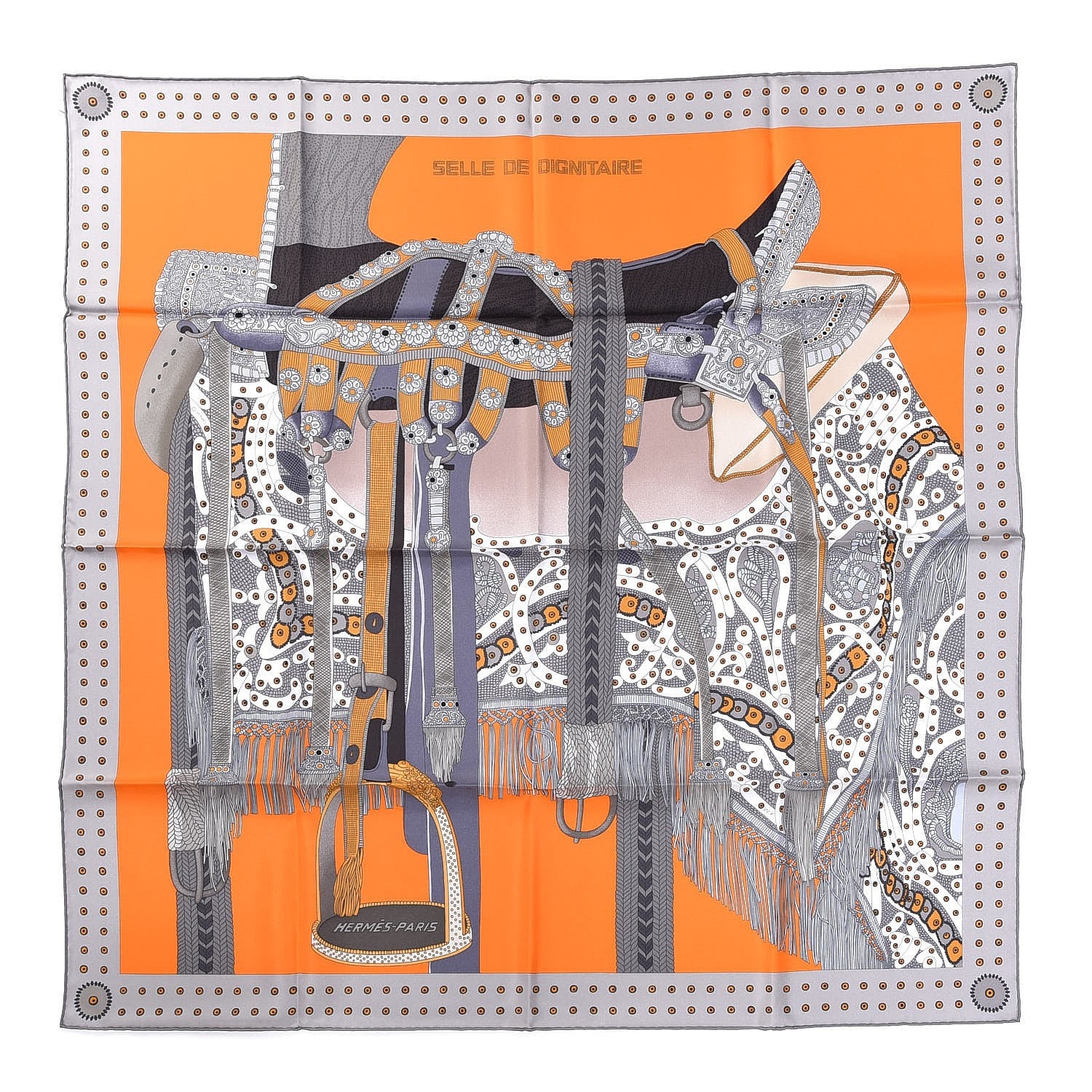 Hermes Silk Selle De Dignitaire Scarf 90 Gris Orange Miel 1 of 6