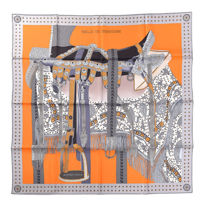 Hermes Silk Selle De Dignitaire Scarf 90 Gris Orange Miel 1 of 6