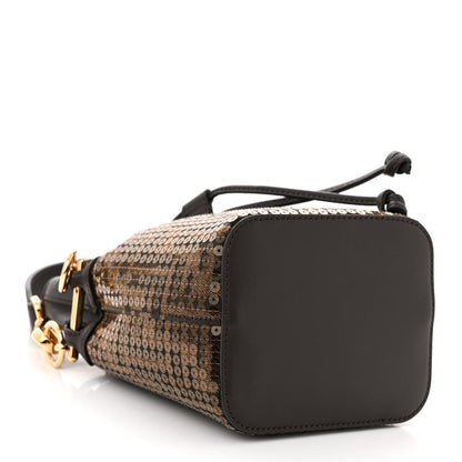 Fendi Fabric Jacquard Paillettes Vitello Seta FF 1974 Embroidered Mini Mon Tresor Bucket Bag Tobacco Moro 4 of 10