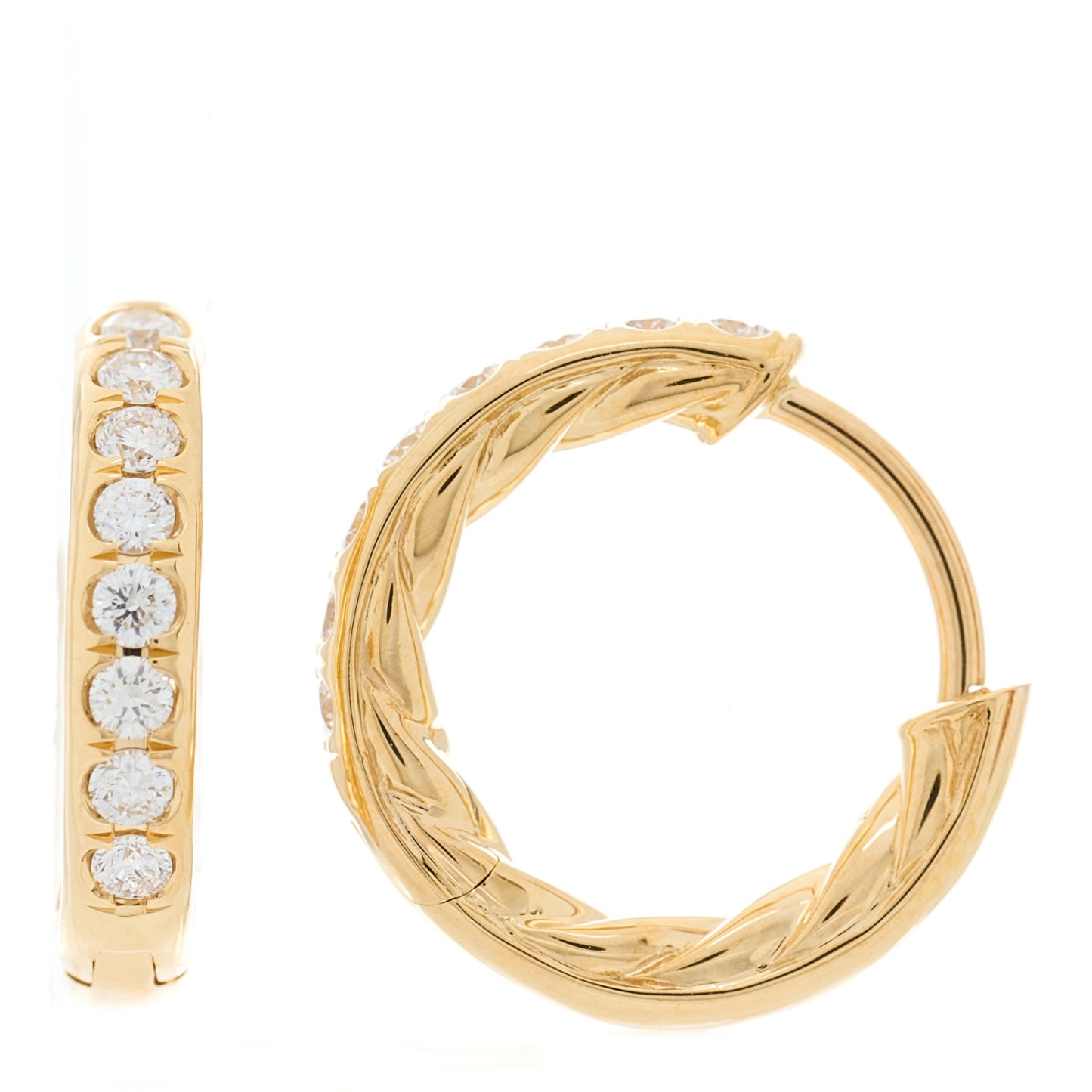 18K Yellow Gold Diamond Sculpted Cable Huggie Hoop Earrings