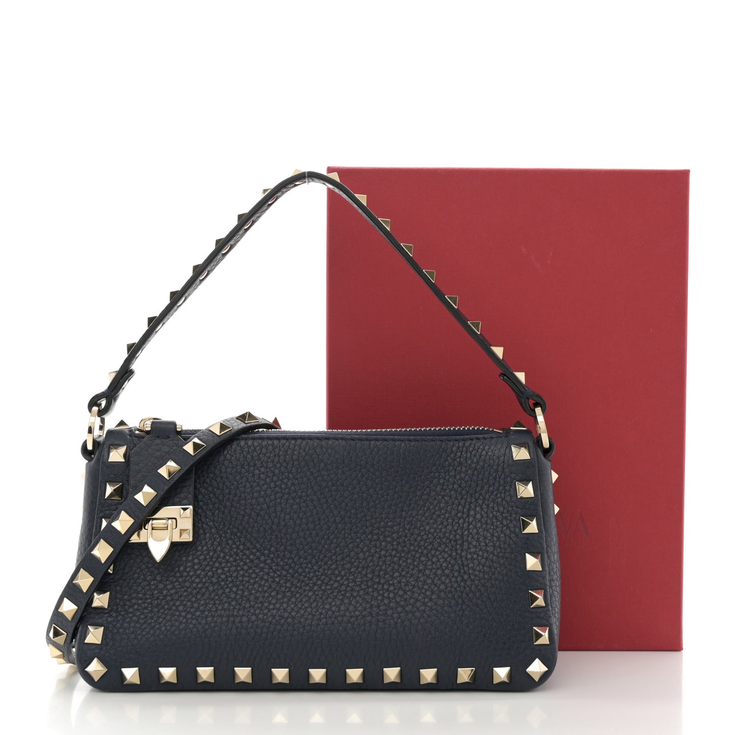 Pebbled Calfskin Small Rockstud Flip Lock Shoulder Bag Marine