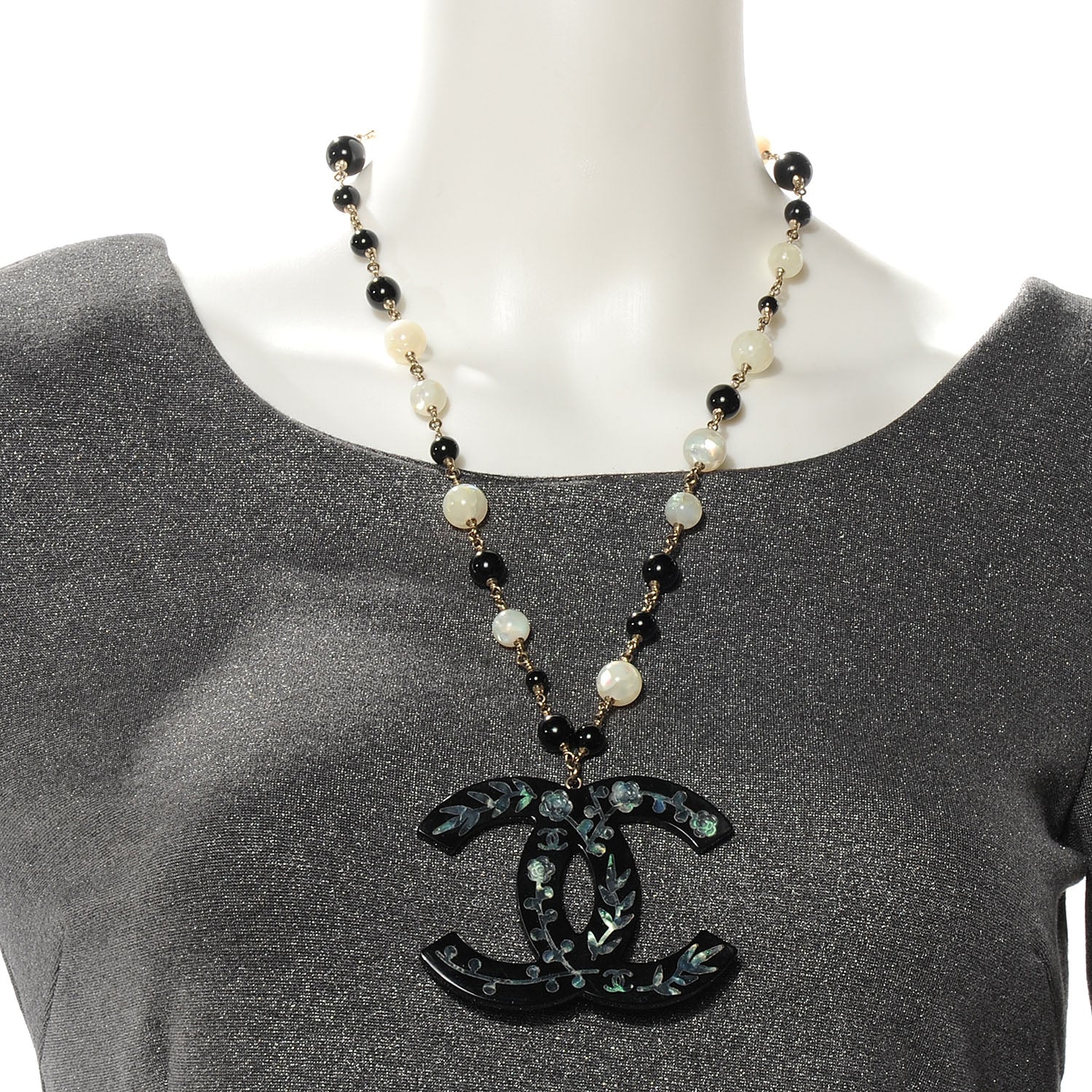 Chanel Beaded Mother of Pearl Oversized CC Necklace 2 of 4