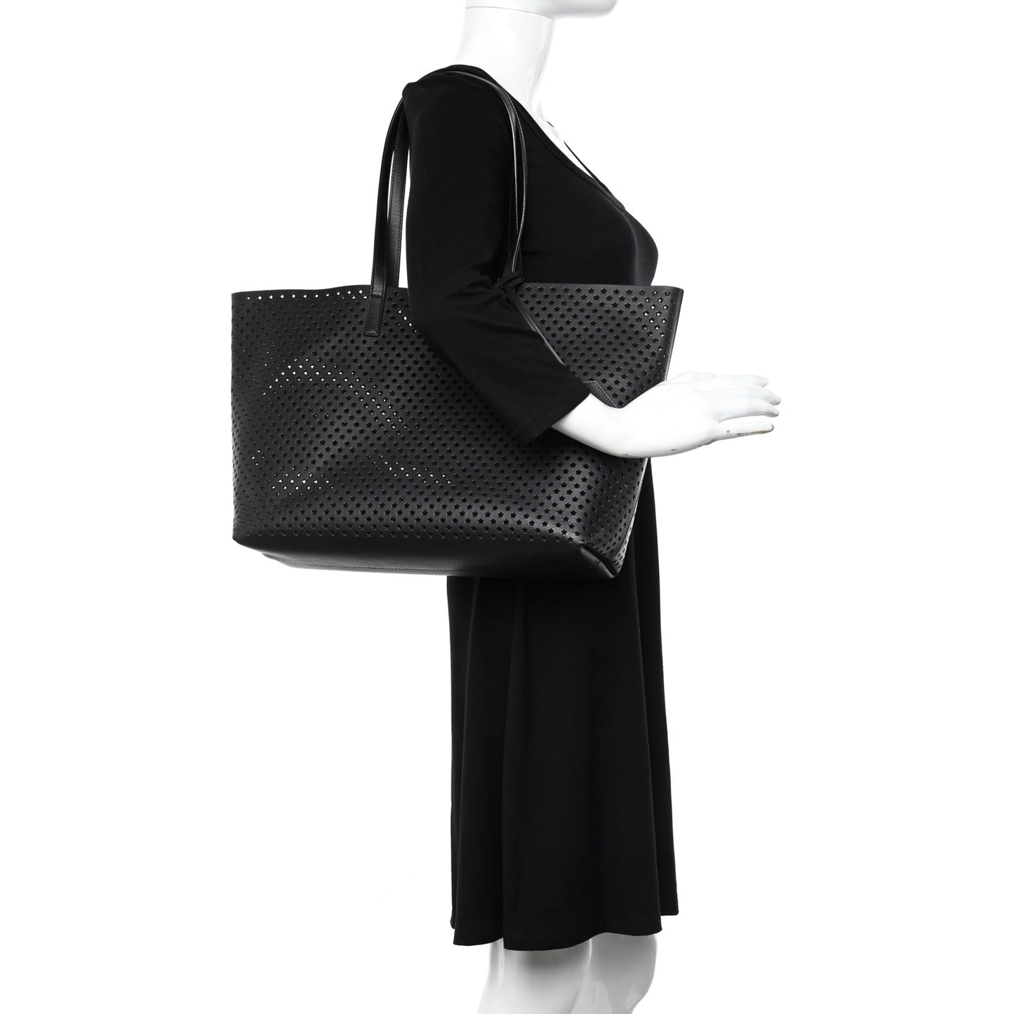 Calfskin Star Perforated Large Shopping Tote Black