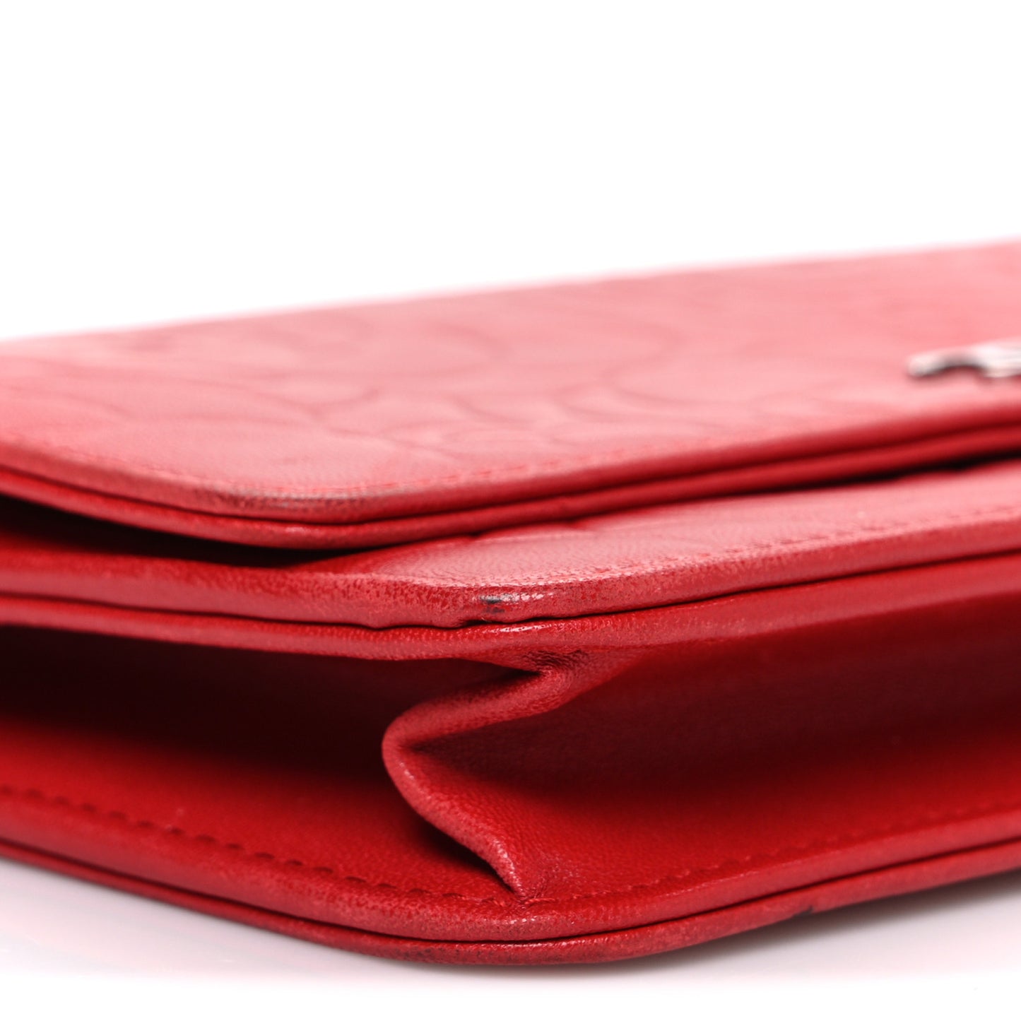 Lambskin Camellia Embossed Wallet on Chain WOC Red