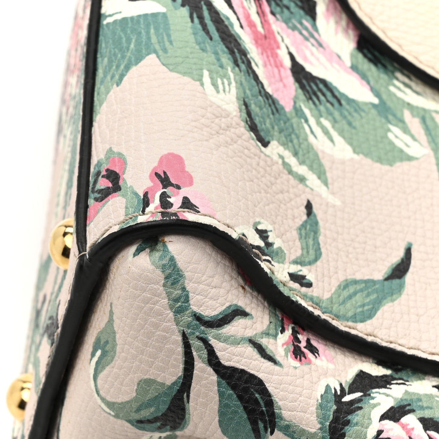 Soft Grain Calfskin Floral Print Medium Buckle Tote Natural Emerald Green