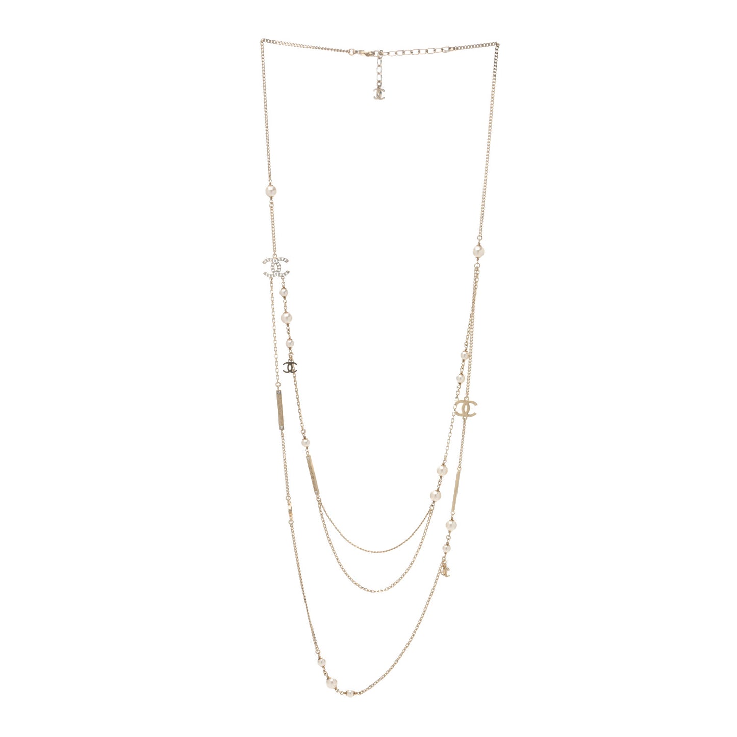 Pearl Crystal CC Long Layered Necklace Gold