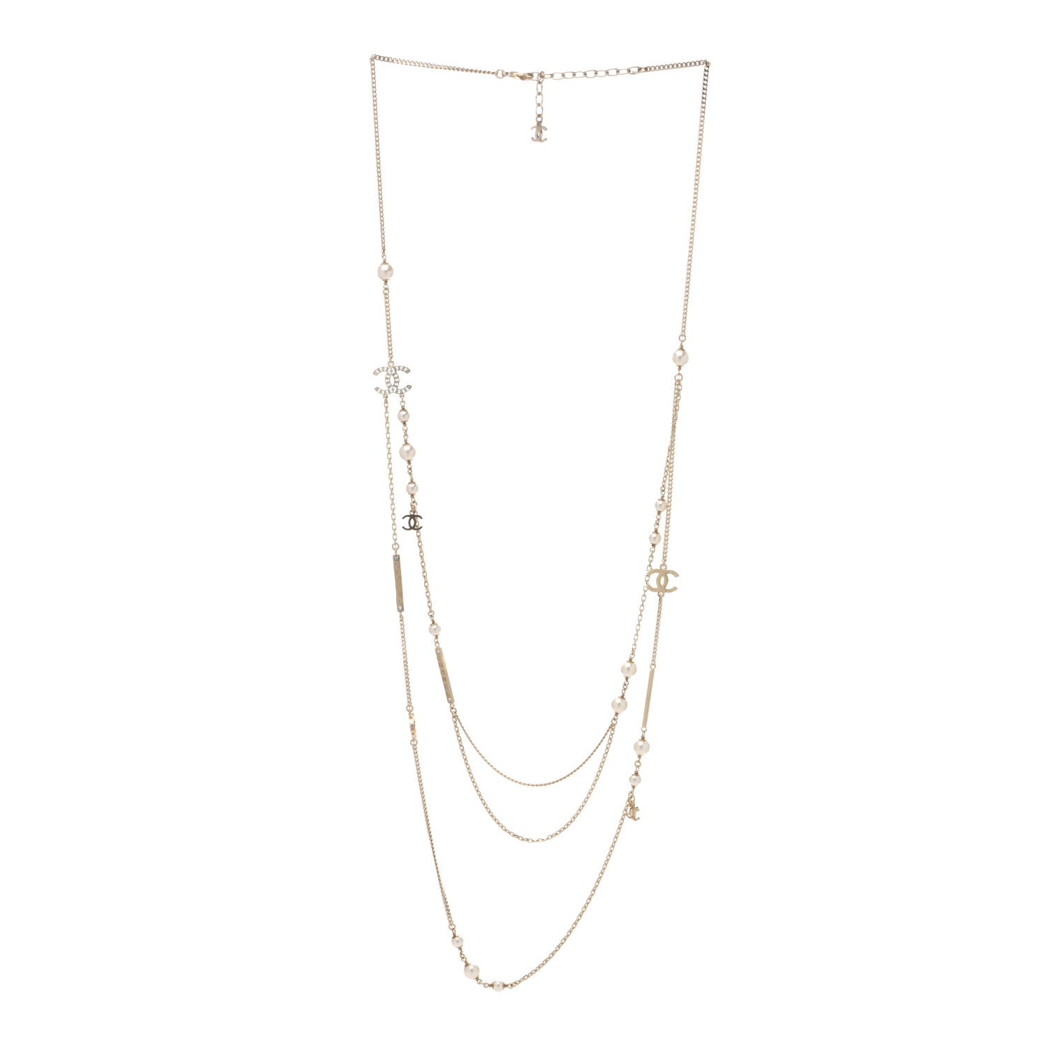 Chanel Pearl Crystal CC Long Layered Necklace Gold 3 of 4