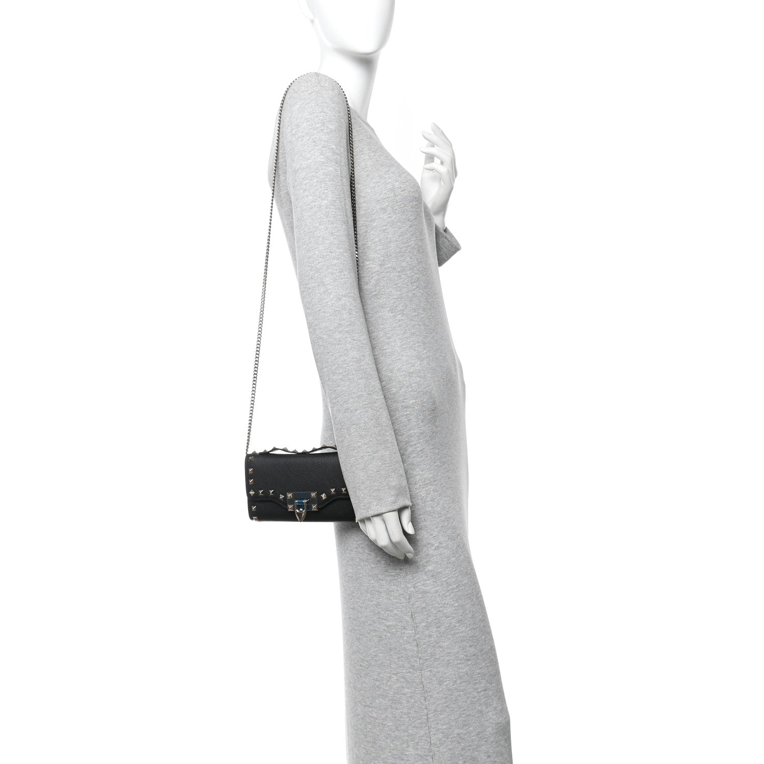 Valentino Garavani Pebbled Calfskin Rockstud Flip Lock Wallet On Chain Black 2 of 10